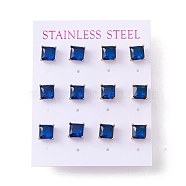 6 Pairs Tiny Cubic Zirconia Square Stud Earrings, 304 Stainless Steel Jewelry for Women, Mixed Color, Medium Blue, 8x8mm, Pin: 0.7mm(EJEW-G291-01B-M)