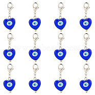 Handmade Evil Eye Lampwork Pendant Decoration, Alloy Lobster Clasps Charm, Clip-on Charm, for Keychain, Purse, Backpack Ornament, Heart with Evil Eye, Blue, 38mm, 12pcs/set(PALLOY-PH01585)
