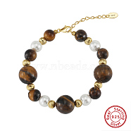 Natural Tiger Eye Beaded Bead Bracelets, Adjustable 925 Sterling Silver Clasps for Women, Real 14K Gold Plated, 6-5/8 inch(16.7cm)(BJEW-L692-003G)