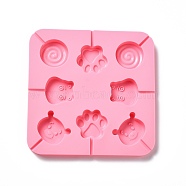 DIY Lollipop Making Food Grade Silicone Molds, Candy Molds, Paw Print, Hippo's Head, Bear's Head & Flat Round with Spiral, 8 Cavities, Pink, 165x165x12mm, Fit for 3mm Stick(DIY-P065-13)