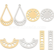 BENECREAT 16Pcs 8 Style 201 Stainless Steel Connector Charms & Pendants, Moon Phase Charms, Laser Cut, Flat Round & Semi Circle & Rectangle & Teardrop, Golden & Stainless Steel Color, 18~35x8~32x1mm, Hole: 1.5~1.8mm, 2pcs/style(STAS-BC0003-36)