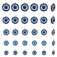 30Pcs 5 Style Plastic Pendants, with Alloy Findings, Flat Round with Evil Eye, Antique Silver, 16~24x12.5~22.5x4.5~5.5mm, Hole: 1.8~2mm, 6pcs/style(FIND-AR0002-82AS)