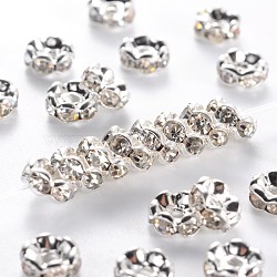 Middle East Rhinestone Spacer Beads, Clear, Brass, Silver Color Plated, Nickel Free, Size: about 6mm in diameter, 3mm thick, hole: 1mm(RSB028NF-01)