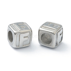 Tarnish Resistant 304 Stainless Steel European Beads, Large Hole Beads, Horizontal Hole, Cube with Letter, Stainless Steel Color, Letter.F, 8x8x8mm, Hole: 4mm(STAS-H145-01F-P)