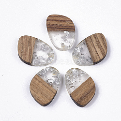 Transparent Resin & Walnut Wood Pendants, with Silve Foil, Teardrop, Silver, 21x15~16x3.5mm, Hole: 2mm(X-RESI-Q210-006A-A02)
