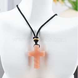 Natural Pink Aventurine Cross Pendant Black Cotton Cord Necklaces, 25.20 inch(64cm)(FS-WG3ED65-11)