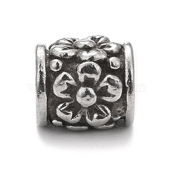 304 Stainless Steel European Beads, Large Hole Beads, Column with Flower Pattern, Antique Silver, 10x9mm, Hole: 4.8mm(STAS-G256-22AS)