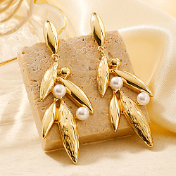 Cute and stylish Brass Leaf-shaped Stud Earrings, with Imitation Pearl, Golden, 72x26mm(OA0010-2)