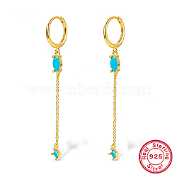 Real 18K Gold Plated 925 Sterling Silver Hoop Earrings, Rhinestone Horse Eye Tassel Earrings, with 925 Stamp, Dark Turquoise, 49x11mm(IL1046-04)