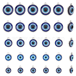 30Pcs 5 Style Plastic Pendants, with Alloy Findings, Flat Round with Evil Eye, Antique Silver, 16~24x12.5~22.5x4.5~5.5mm, Hole: 1.8~2mm, 6pcs/style(FIND-AR0002-82AS)