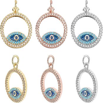 Nbeads 6Pcs 3 Colors  Brass Micro Pave Cubic Zirconia Pendants, with Enamel and Jump Ring, Ring with Evil Eye, Mixed Color, 18.5x16x2mm, Hole: 3mm, 2pcs/color