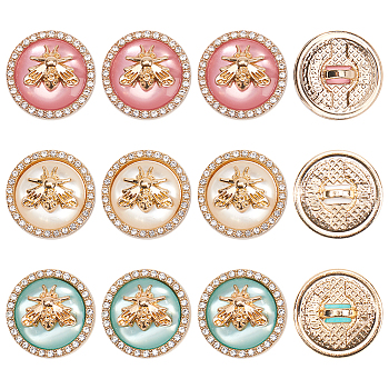 12Pcs 3 Colors 1-Hole Zinc Alloy Shank Buttons, with Rhinestone & Resin, Golden, Flat Round with Bees, Mixed Color, 18x9mm, Hole: 4x2.5mm, 4pcs/color