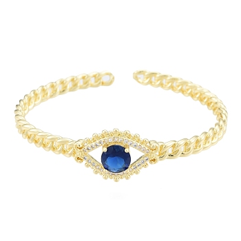 Cubic Zirconia Horse Eye Open Cuff Bangle, Real 18K Gold Plated Brass Jewelry for Women, Medium Blue, Inner Diameter: 2x2-3/8 inch(5.2x6.1cm)