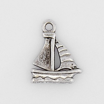 Tibetan Style Alloy Pendants, Sailing Boat Charms, Lead Free and Cadmium Free, Antique Silver, about 20mm long,16.5mm wide,2mm thick, hole: 2mm