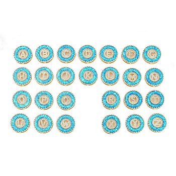 Brass Micro Pave Cubic Zirconia Slide Charms, with Synthetic Opal, Long-Lasting Plated, Rack Plating, Lead Free & Cadmium Free, Real 18K Gold Plated, Flat Round with Letter, Deep Sky Blue, 19x6mm, Hole: 8x1.5mm