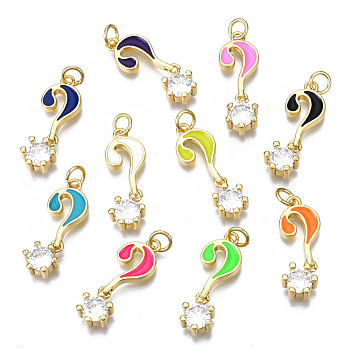 Brass Micro Pave Clear Cubic Zirconia Enamel Pendants, with Jump Ring, Cadmium Free & Nickel Free & Lead Free, Real 16K Gold Plated, Question Mark, Mixed Color, 26x9x5mm, Jump Ring: 5x1mm, 3mm inner diameter, Charm: 9.5x7x5mm