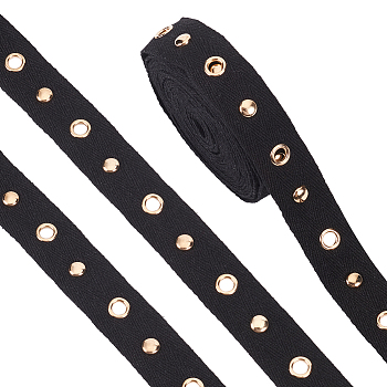 5 Yards Flat Cotton Ribbon, with Golden Plated Alloy Eyelets and Rivets, Garment Accessories, with Metallic Wire Twist Ties, Black, 1 inch(25mm)
