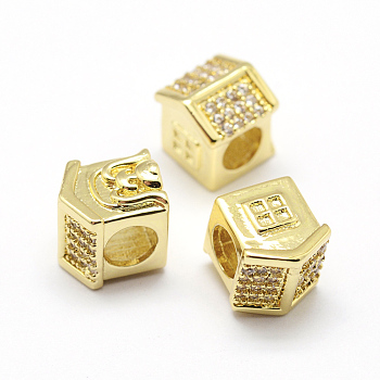 Brass Micro Pave Grade AAA Cubic Zirconia European Beads, Large Hole Beads, House with Dog Head, Lead Free & Nickel Free & Cadmium Free, Real 18K Gold Plated, 9x8x9mm, Hole: 4.5mm