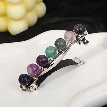 Metal French Hair Barrettes, with Round Natural Fluorite Bead, Hair Accessories for Women Girl, 80x10x18mm
