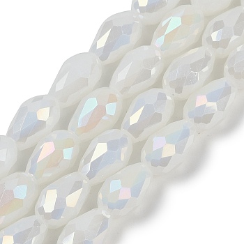 Opaque Solid Color Electroplate Glass Beads Strands, AB Color Plated, Faceted, Teardrop, White, 15x10mm, Hole: 1.6mm, about 46~48pcs/strand, 27.95 inch(71cm)
