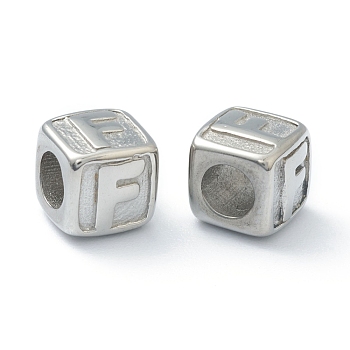 304 Stainless Steel European Beads, Large Hole Beads, Horizontal Hole, Cube with Letter, Stainless Steel Color, Letter.F, 8x8x8mm, Hole: 4mm