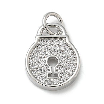 Rack Plating Brass Micro Pave Cubic Zirconia Pendants, Long-Lasting Plated, Lead Free & Cadmium Free, Lock Charms, with Jump Ring, Platinum, 14x11x2mm, Hole: 3mm