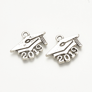 Tibetan Style Alloy Pendants, Doctoral Cap with Birth Year 2019, Cadmium Free & Lead Free, Antique Silver, 15x20x1.5mm, Hole: 2mm
