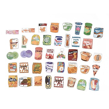40Pcs 40 Styles Food Themed PVC Plastic Snacks Stickers Sets, Waterproof Adhesive Decals for DIY Scrapbooking, Photo Album Decoration, Mixed Patterns, 26~47x44~74x0.1mm, 1pc/style