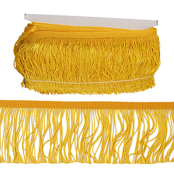 Polyester Tassel Fringe Trimming, Clothes Decoration, Costume Accessories, Gold, 100x1mm, 10m/card