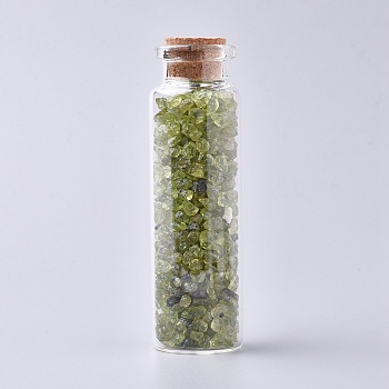 Glass Wishing Bottle, For Pendant Decoration, with Peridot Chip Beads Inside and Cork Stopper, 22x71mm