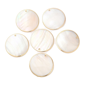 Natural Freshwater Shell Pendants, Golden Plated Brass Edged Flat Round Charms, 40x2.5mm, Hole: 2mm