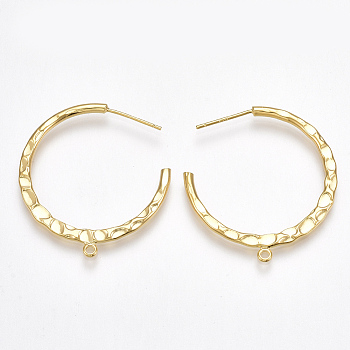 Brass Stud Earring Findings, Half Hoop Earrings, with Loop, Real 18K Gold Plated, 33x30x2mm, Hole: 1.5mm, Pin: 0.8mm