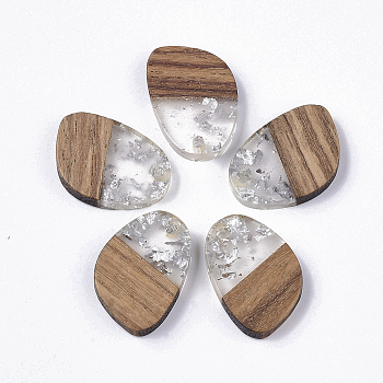 Transparent Resin & Walnut Wood Pendants, with Silve Foil, Teardrop, Silver, 21x15~16x3.5mm, Hole: 2mm