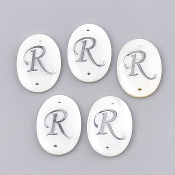 Freshwater Shell Links connectors, with Brass Findings, Oval with Letter, Letter.R, 25.5x19x3mm, Hole: 1.2mm