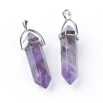 Natural Amethyst Double Terminated Pointed Pendants, with Platinum Tone Alloy Findings, Bullet, 41~43x8.5x7.5mm, Hole: 3.5x4.5mm