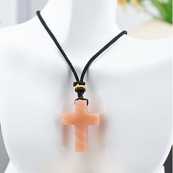 Natural Pink Aventurine Cross Pendant Black Cotton Cord Necklaces, 25.20 inch(64cm)