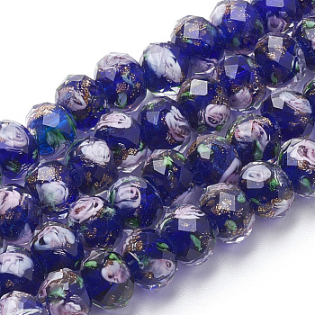 Handmade Gold Sand Lampwork Beads Strands, Inner Flower, Faceted Rondelle, Midnight Blue, 8x6mm, Hole: 2mm, about 70pcs/strand, 17.3 inch