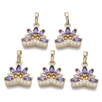 Brass Micro Cubic Zirconia Charms, with Snap on Bails, Lotus Flower, Light Gold, Medium Purple, 15x15x4mm, Hole: 6x4mm
