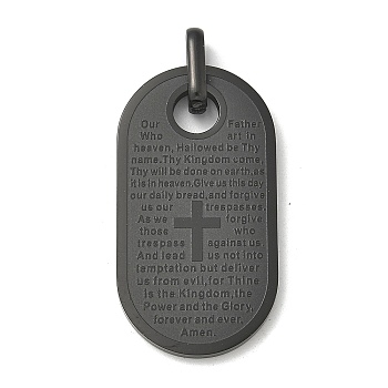 304 Stainless Steel Pendants, Oval with Cross & Word Charm, Black, 33x18x2mm, Hole: 5x2.5mm