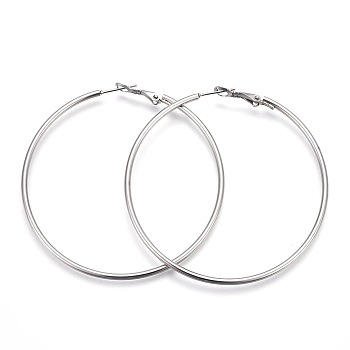 201 Stainless Steel Hoop Earrings, Hypoallergenic Earrings, Ring Shape, Stainless Steel Color, 12 Gauge, 60x59x2mm, Pin: 1mm
