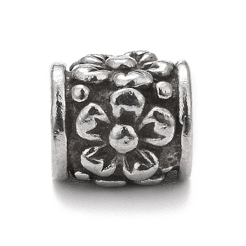 304 Stainless Steel European Beads, Large Hole Beads, Column with Flower Pattern, Antique Silver, 10x9mm, Hole: 4.8mm