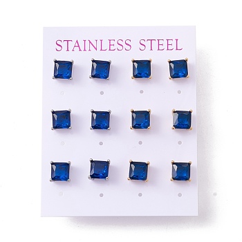 6 Pairs Tiny Cubic Zirconia Square Stud Earrings, 304 Stainless Steel Jewelry for Women, Mixed Color, Medium Blue, 8x8mm, Pin: 0.7mm