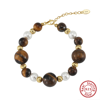 Natural Tiger Eye Beaded Bead Bracelets, Adjustable 925 Sterling Silver Clasps for Women, Real 14K Gold Plated, 6-5/8 inch(16.7cm)