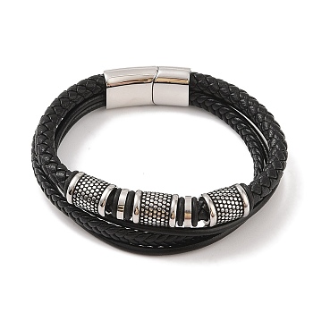 Braided Microfiber Leather Multi-strand Bracelets, 304 Stainless Steel Column Bracelets for Men, Antique Silver, 8-3/4 inch(22.1cm)