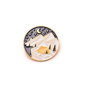 House & Mountain Enamel Pin, Creative Flat Round Zinc Alloy Enamel Brooch for Jackets Hats Bags, Golden, Colorful, 27x9.5mm, Pin: 1mm