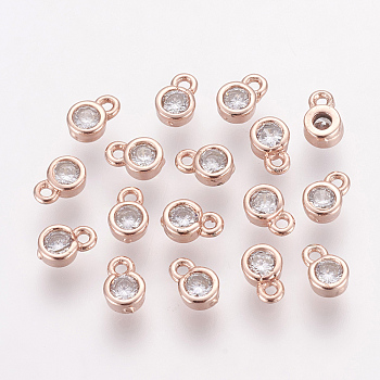 Brass Cubic Zirconia Charms, Flat Round, Rose Gold, 6x4x2mm, Hole: 1mm