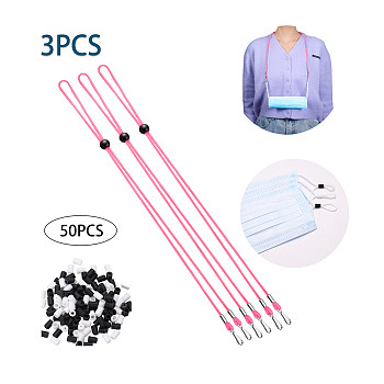 3PCS Adjustable Length Lanyard Strap, Ear Holder Rope, with ABS Hook and 50PCS Adjustable Non Slip Stopper, Pink, 15 inch(38cm)