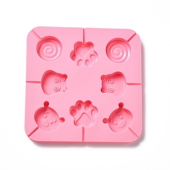 DIY Lollipop Making Food Grade Silicone Molds, Candy Molds, Paw Print, Hippo's Head, Bear's Head & Flat Round with Spiral, 8 Cavities, Pink, 165x165x12mm, Fit for 3mm Stick