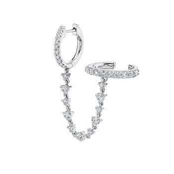 Brass Cubic Zirconia Hoop Earrings, Chain Charm, Platinum, Clear, 55x10mm