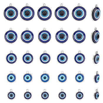 30Pcs 5 Style Plastic Pendants, with Alloy Findings, Flat Round with Evil Eye, Antique Silver, 16~24x12.5~22.5x4.5~5.5mm, Hole: 1.8~2mm, 6pcs/style